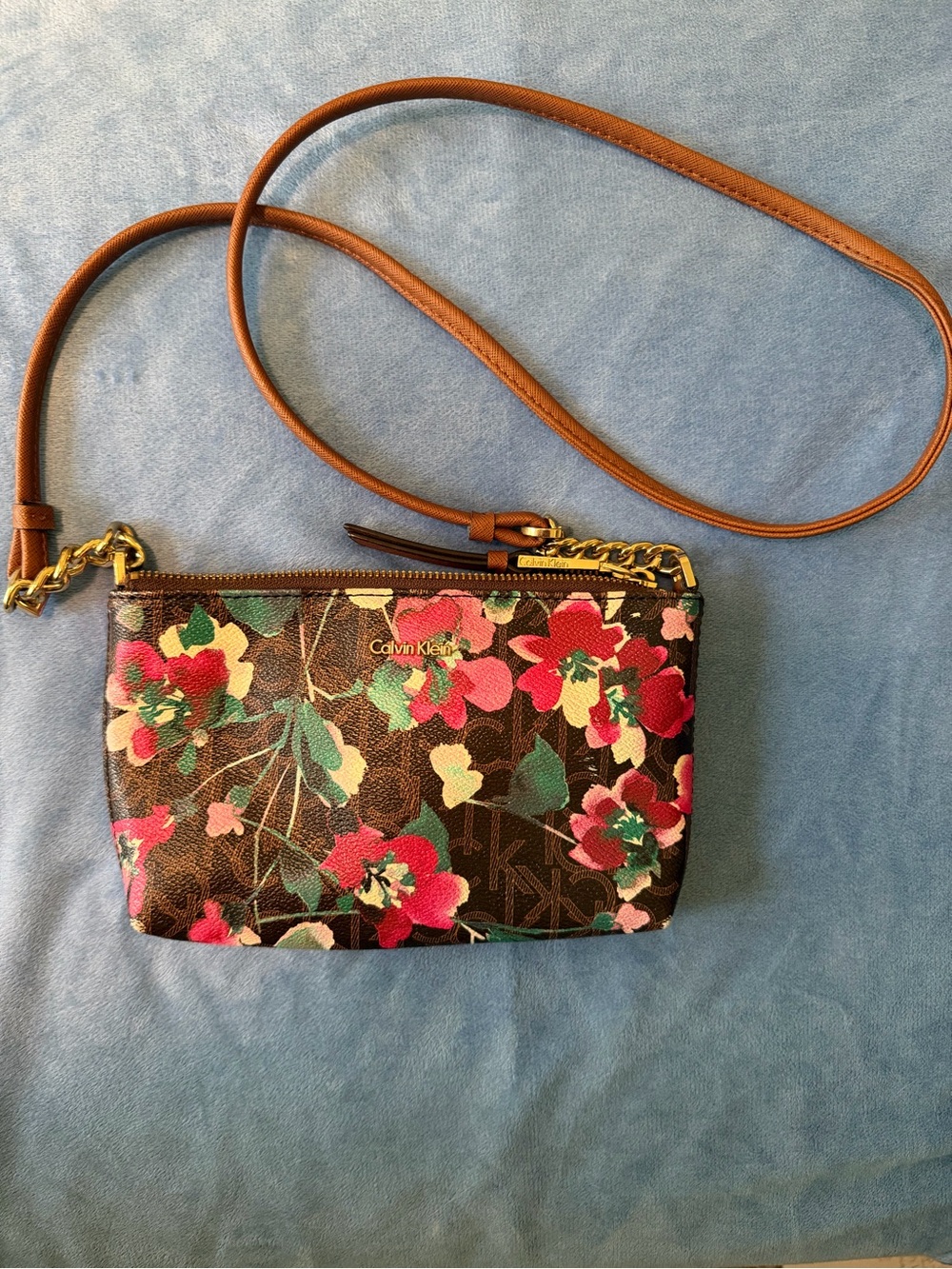 Calvin Klein Black Floral Crossbody with Tan Strap
